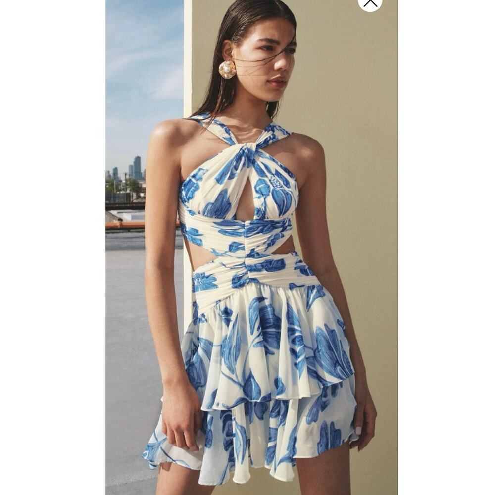 PATBO Blue White Night Flower Halter Neck Ruffle Side Cutout Mini Dress sz US 10